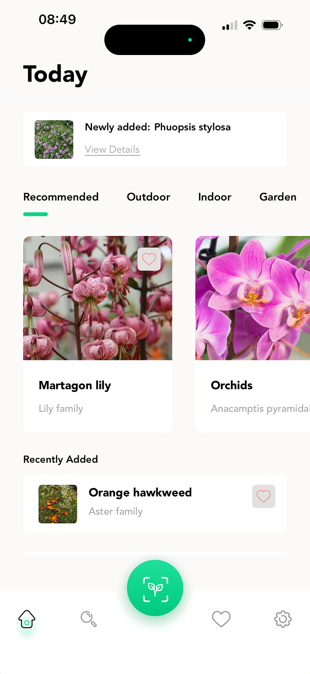 PlantME plant identification app on iPhone showing the Today screen with martagon lily, orchids, and the scan button